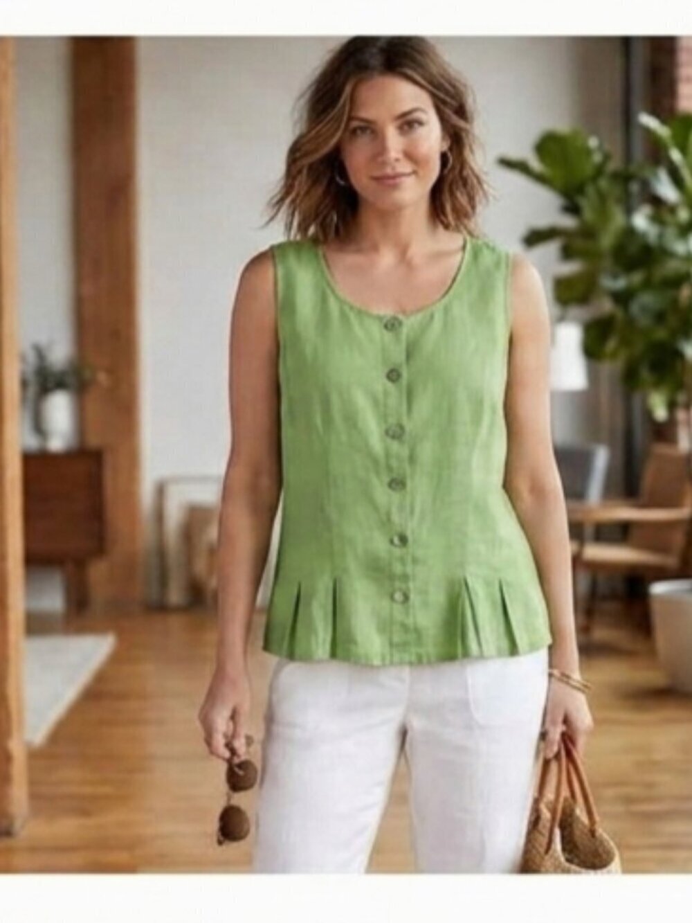 J Jill Lime Green 100% Linen Button Front Scoop Neck Pleated Hem Top Size L